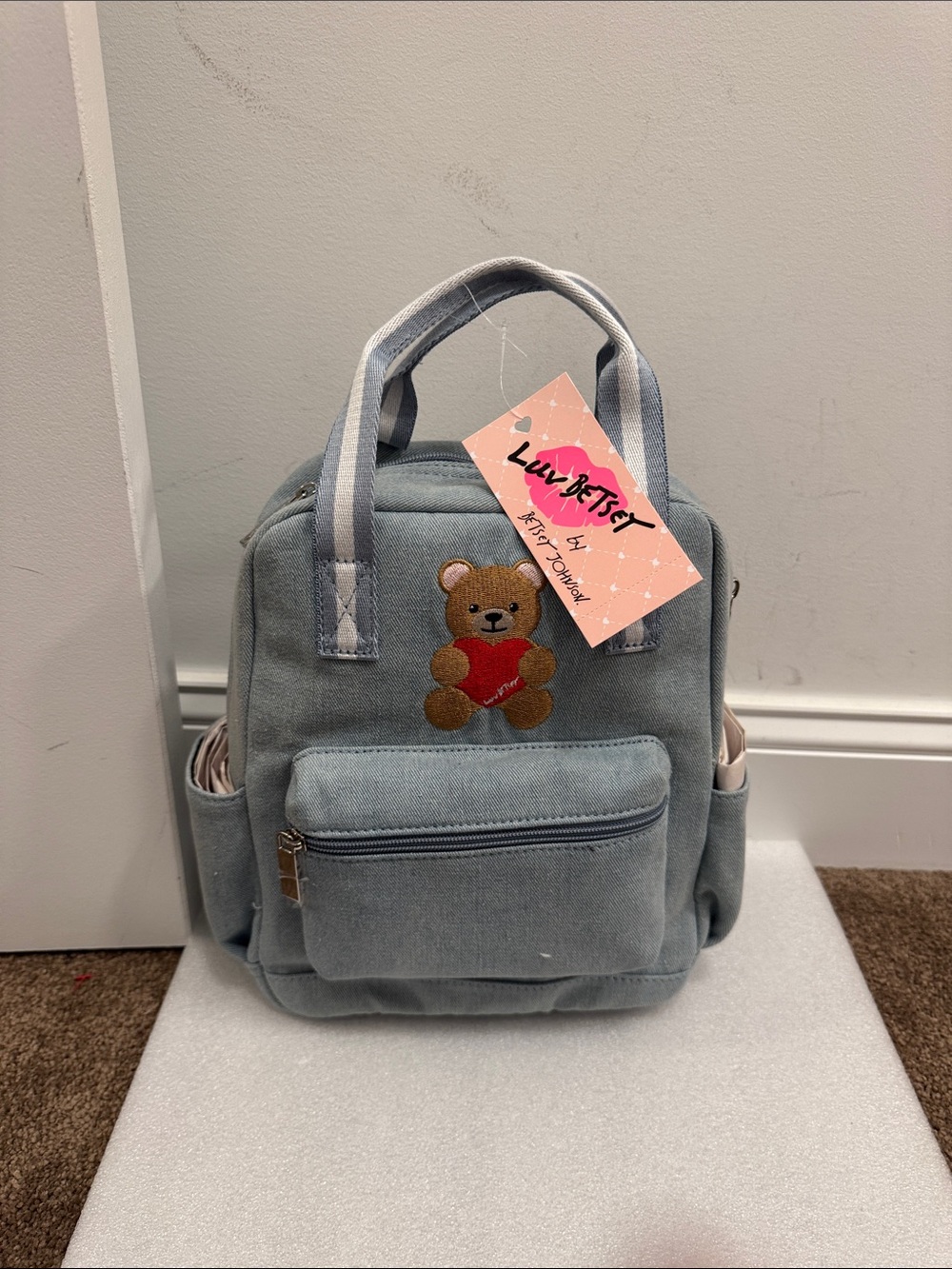 Betsey Johnson luv Betsey denim teddy bear embroidered backpack NWT